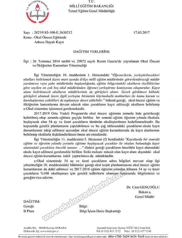 okul &ouml;ncesinde adrese dayalı kayıt