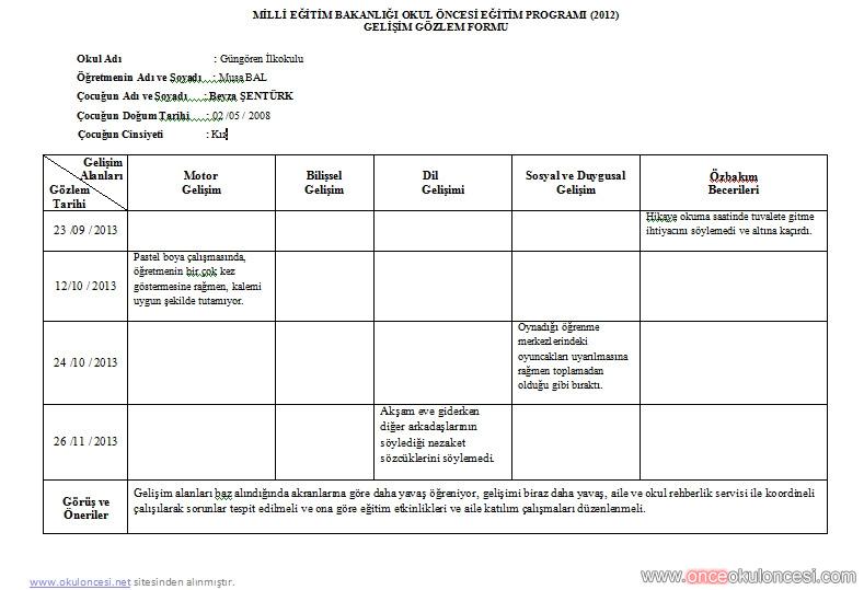 Örnek gelişim gözlem formu